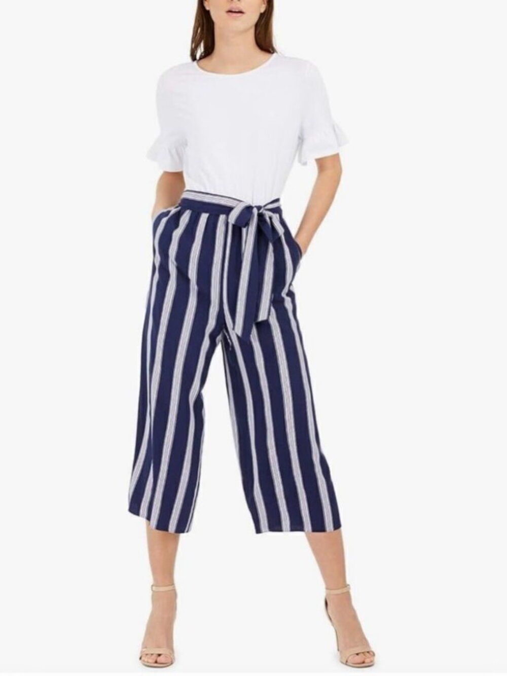 Maison Jules Striped-Leg Belted Jumpsuit